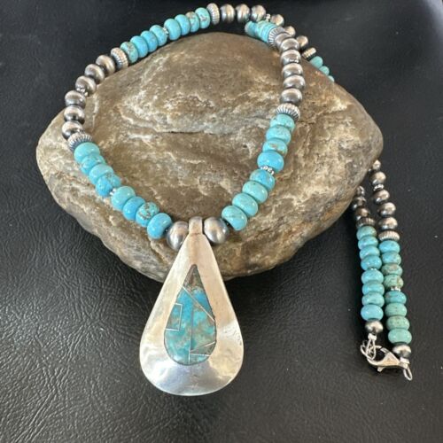 Navajo Blue Spiderweb Turquoise Inlay Pendant Necklace | Sterling Silver | Authentic Native American Handmade | 17120