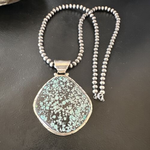 Men's Navajo Blue Spiderweb Turquoise Pendant Necklace | Sterling Silver | Authentic Native American Handmade | 16233