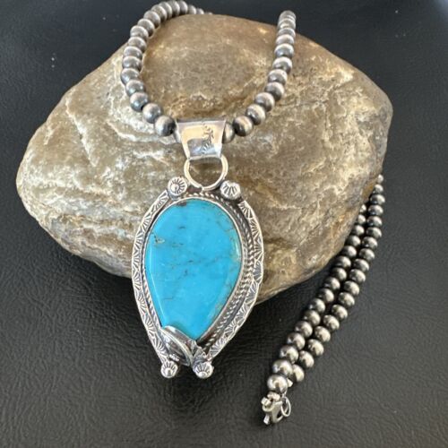 Navajo Blue Turquoise Pendant Necklace | Sterling Silver Pearls | Authentic Native American Handmade | 15645