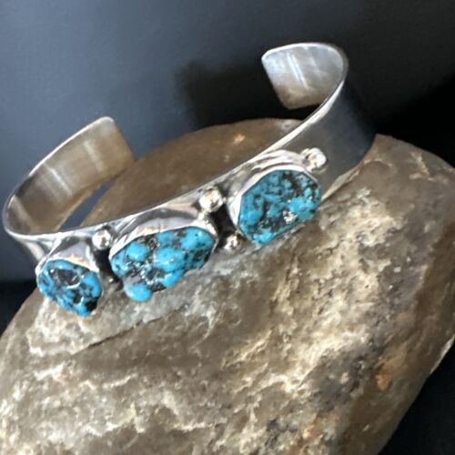 Blue Kingman Turquoise 3 Stone Cuff Bracelet | Navajo Sterling Silver | Authentic Native American Handmade | 15045