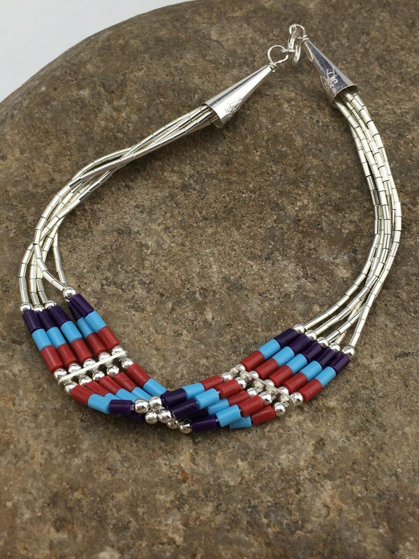 Multicolored Turquoise Coral Liquid Heishi Bracelet | Sterling Silver | 5 Strands | Native American Handmade | 1093