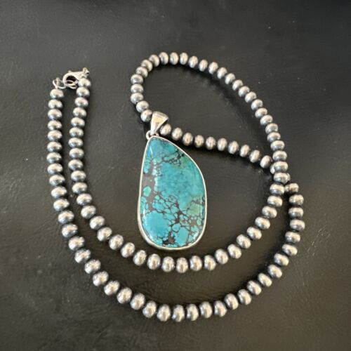 Men's Navajo Blue Spiderweb Turquoise Pendant Necklace | Sterling Silver | Authentic Native American Handmade | 16219