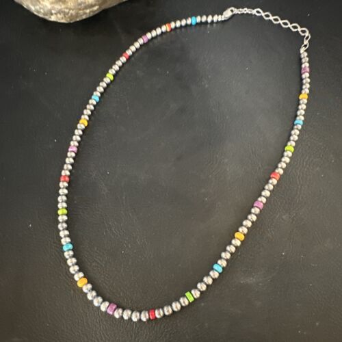 Navajo Multicolor 4mm Sterling Silver Pearls Necklace | 16" Hook & Eye | Authentic Native American Handmade | 94316