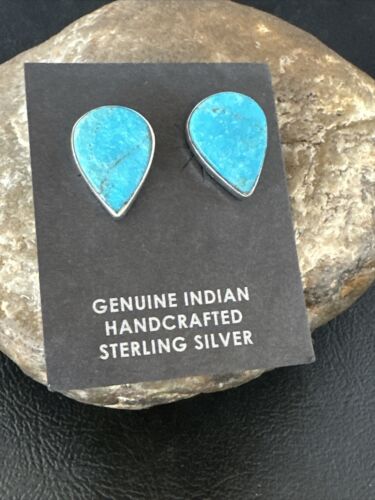 Navajo Blue Kingman Turquoise Post Stud Earrings | Sterling Silver | Authentic Native American Handmade | 17408