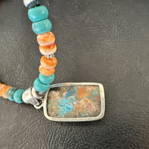 Navajo Spiny Turquoise Pendant Necklace | Sterling Silver | 21" | Authentic Native American Handmade | 17513