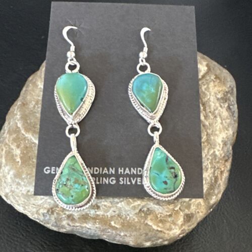 Navajo Green Royston Turquoise Dangle Earrings | Sterling Silver | Authentic Native American Handmade | 16494