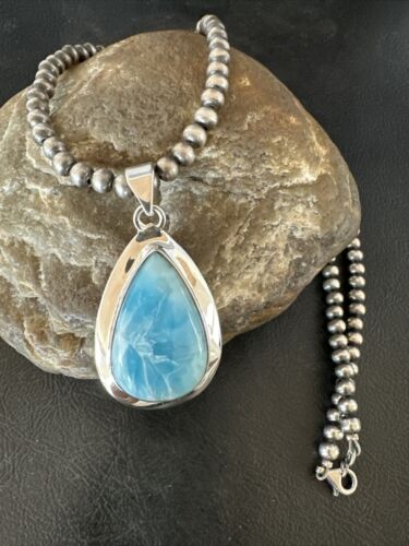 Navajo Blue Larimar Pendant Necklace | Sterling Silver Beads | Authentic Native American Handmade | 17604