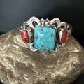 Kingman Turquoise Coral Cuff Bracelet | Navajo Tufa Cast | Sterling Silver | Authentic Native American Handmade | 16780