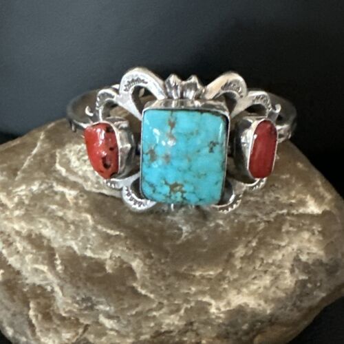 Kingman Turquoise Coral Cuff Bracelet | Navajo Tufa Cast | Sterling Silver | Authentic Native American Handmade | 16780