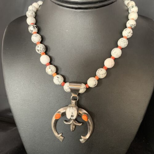 Navajo White Buffalo Turquoise Spiny Oyster Naja Pendant | Sterling Silver | Authentic Native American Handmade | 13648