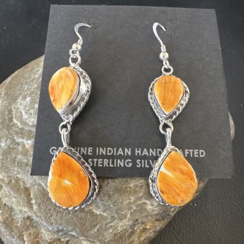Navajo Orange Spiny Oyster Dangle Earrings | Sterling Silver | 1.5" | Authentic Native American Handmade | 16563