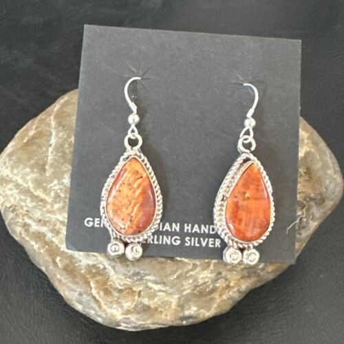Navajo Orange Spiny Oyster Dangle Earrings | Sterling Silver | Authentic Native American Handmade | 17267