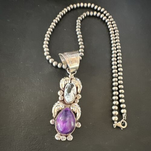 White Buffalo Turquoise & Sugilite Pendant | Navajo Pearls | Sterling Silver | Native American Handmade | 16870