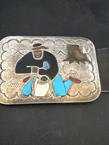 Ultra Rare Zuni Sun Face Inlay Belt | Turquoise Onyx | Sterling Silver | 40" | 17406