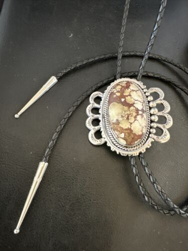 Navajo Men's Bolo Tie | Wild Horse Turquoise | Sterling Silver | Native American Handmade | 16757