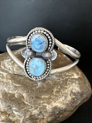 Navajo Blue Golden Hills Turquoise Cuff Bracelet | Sterling Silver | Authentic Native American Handmade | 16428