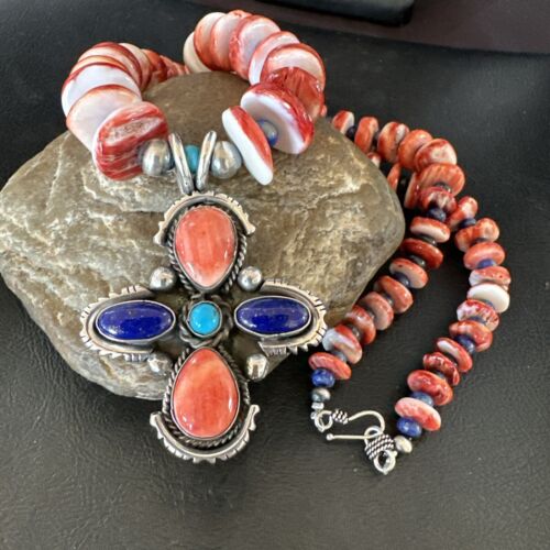 Navajo Red Spiny Oyster Lapis Pendant Necklace | Sterling Silver | Multi-Stone | 17668