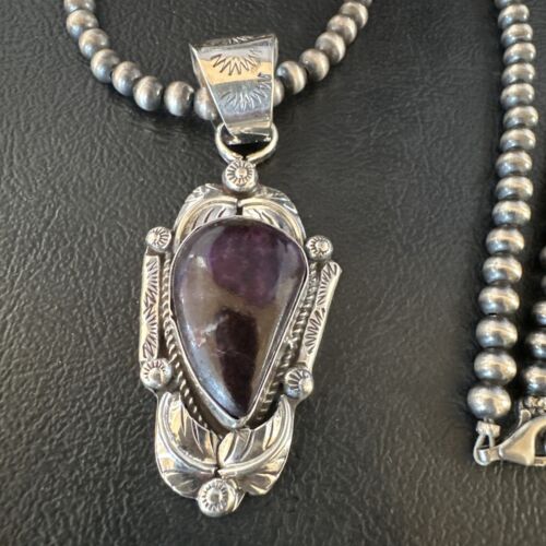 Navajo Purple Sugilite Pendant with Pearls | Sterling Silver Bead Necklace | Authentic Native American Handmade | 15413