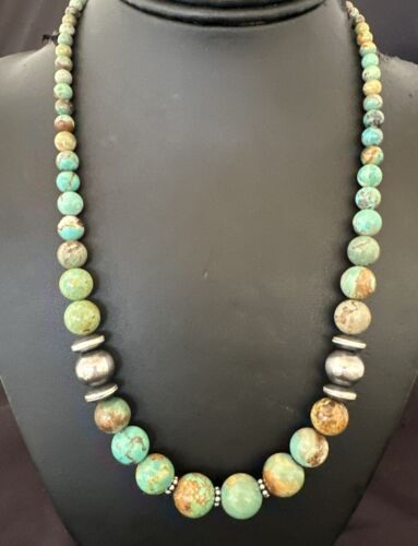 Navajo Green Turquoise Bead Necklace | Sterling Silver | Graduated | 20" | Authentic Native American | 17433