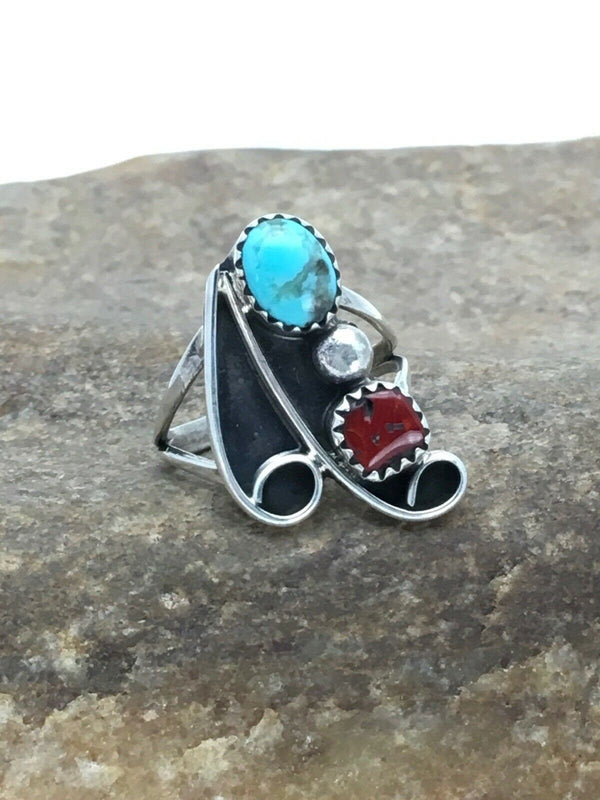 Navajo Blue Turquoise Coral Ring | Authentic Native American Sterling Silver | Multi-Stone | Sz 6.5 | 2780