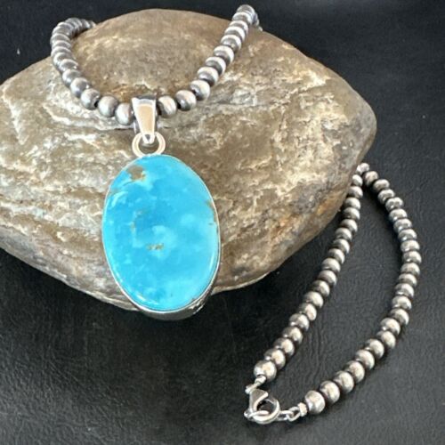 Navajo Blue Kingman Turquoise Pendant Necklace | Sterling Silver | 20" | Authentic Native American Handmade | 16995