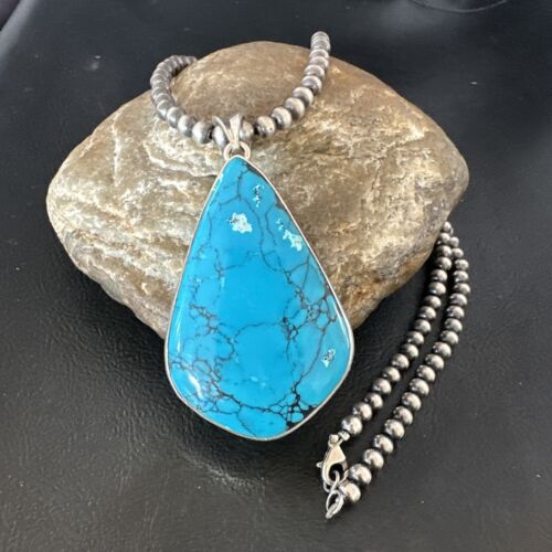 Men's Navajo Blue Spiderweb Turquoise Pendant Necklace | Sterling Silver | Authentic Native American Handmade | 16207