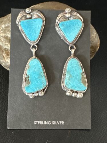Kingman Turquoise Dangle Earrings | Navajo Handmade | Sterling Silver | Authentic Native American | 14877