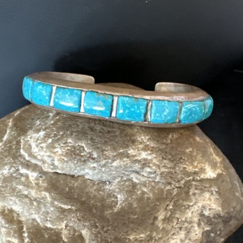 Old Pawn Men's Blue Kingman Turquoise Cuff Bracelet | Zuni Sterling Silver | 15955