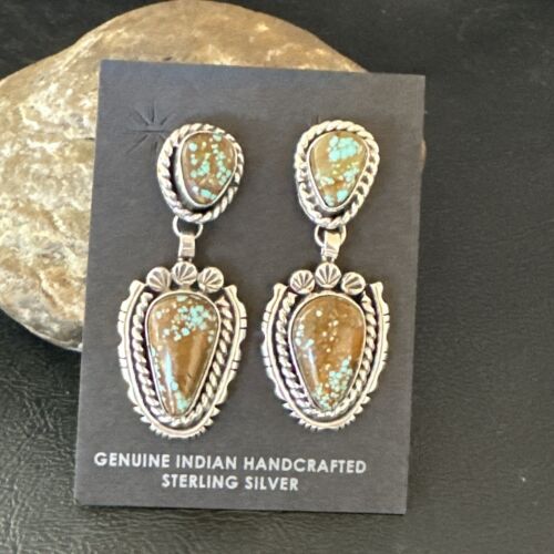 Navajo Blue Turquoise #8 Dangle Earrings | Sterling Silver | Authentic Native American Handmade | 17494