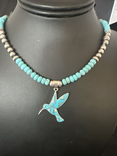 Navajo Turquoise Opal Hummingbird Inlay Pendant | Sterling Silver Necklace | Authentic Native American Handmade | 16844