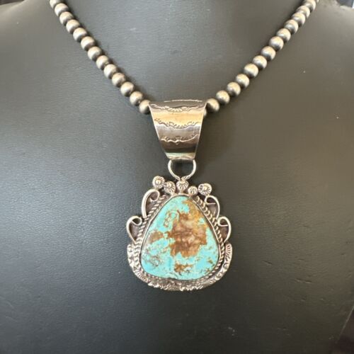Navajo Royston Turquoise Pendant with Pearls | Sterling Silver Necklace | Authentic Native American Handmade | 17064