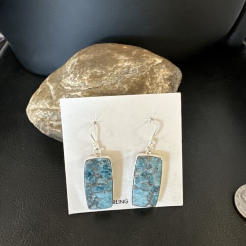 Navajo Blue Turquoise Dangle Earrings | Sterling Silver | Authentic Native American Handmade | 15437