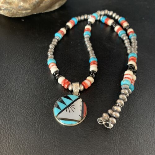 Zuni Multi-Color Turquoise Onyx Necklace with Inlay Pendant | Sterling Silver | 13565