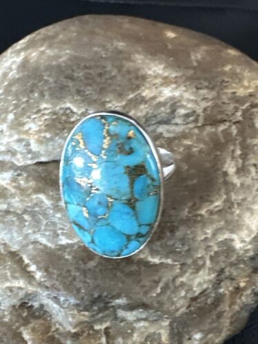 Navajo Blue Mojave Turquoise Ring | Sterling Silver | Adjustable Sz 8 | Authentic Native American Handmade | 15714