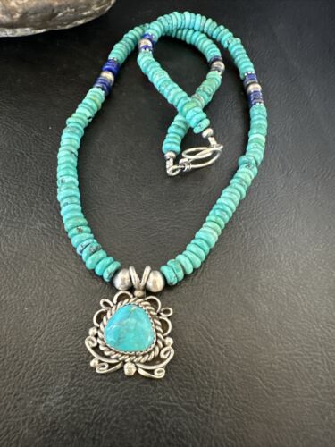 Blue Turquoise Pendant | Navajo Pearls Lapis | Sterling Silver Necklace 21" | 17539