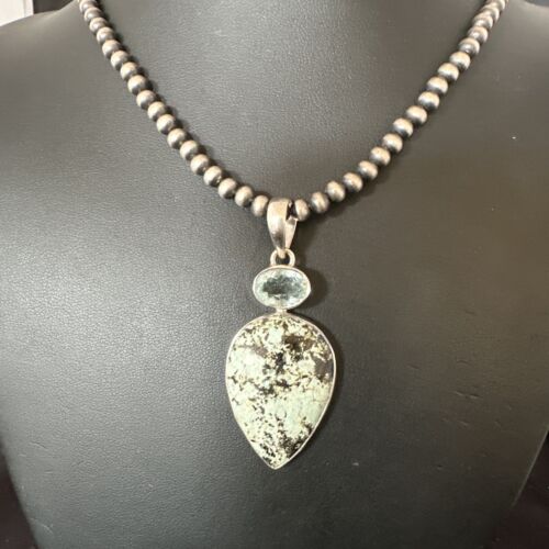 Navajo Dry Creek Turquoise Topaz Pendant Necklace | Sterling Silver | Authentic Native American Handmade | 16314