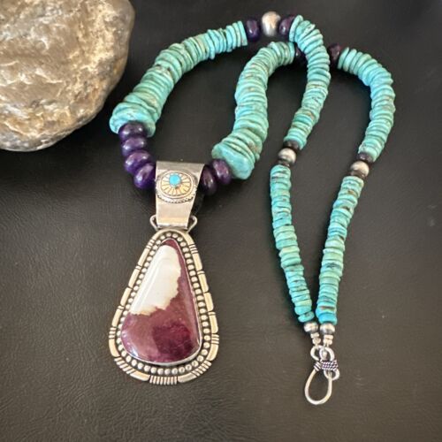 Navajo XL Turquoise Purple Spiny Oyster Pendant Necklace | Sterling Silver | Authentic Native American Handmade | 25" | 17464