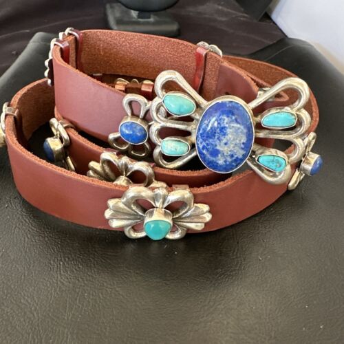 Men's Kingman Turquoise Lapis Concho Belt | Sterling Silver Navajo Tufa | Authentic Native American Handmade | 16682