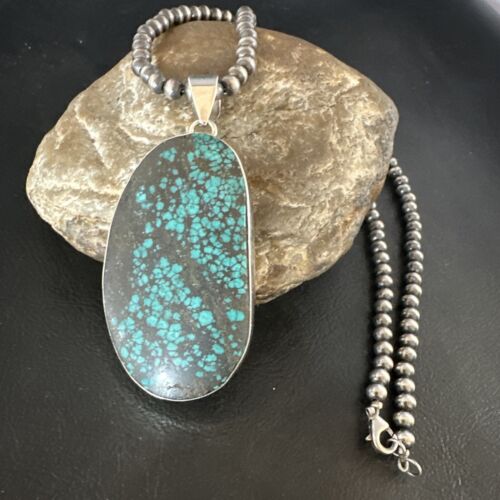 Navajo Blue Spiderweb Turquoise Pendant Necklace | Sterling Silver Pearls | Authentic Native American Handmade | 15568