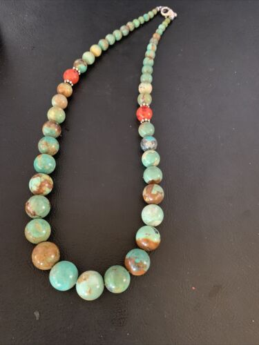 Navajo Green Turquoise & Apple Coral Graduated Necklace | Sterling Silver | Authentic Native American | 18" | 13200