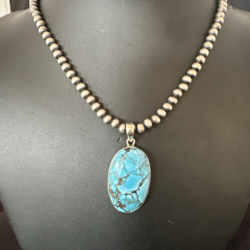 Navajo Blue Spiderweb Turquoise Pendant Necklace | Sterling Silver | Authentic Native American Handmade | 17014