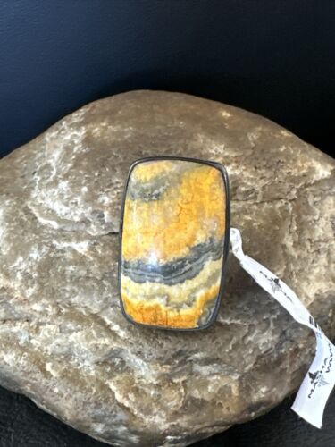 Navajo Yellow BumbleBee Jasper Adjustable Ring | Sterling Silver | Sz 8 | Authentic Native American Handmade | 14021