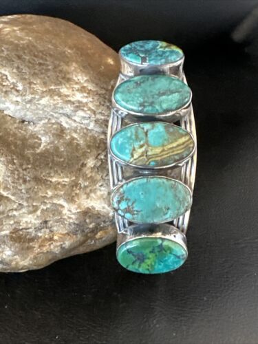 Women's Blue Turquoise 5-Stone Cuff Bracelet | Navajo Sterling Silver | Authentic Native American Jewelry | 16166