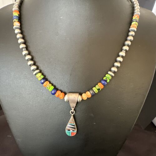 Navajo Spiny Oyster Turquoise Lapis Inlay Pendant Necklace | Sterling Silver | 21" | Authentic Native American Handmade | 16631
