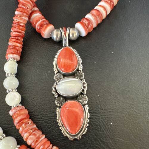 Navajo Red Spiny Oyster Mother of Pearl Pendant Necklace | Sterling Silver | Native American Handmade | 17658