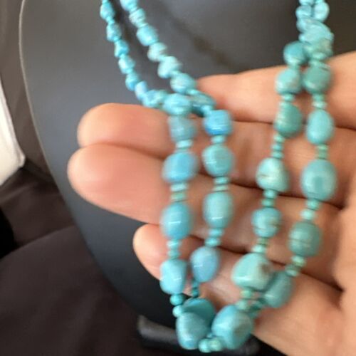 Navajo Blue Nugget Turquoise Necklace | 2 Strand | Sterling Silver | 20" | Authentic Native American Handmade | 15342