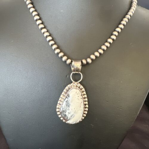 White Buffalo Turquoise Pendant | Navajo Pearls Sterling Silver Necklace | Authentic Native American Handmade | 17108