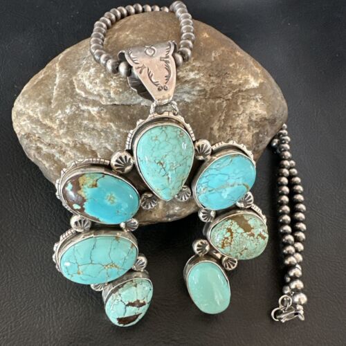 Autthentic Native American Navajo 8 Turquoise Sterling Silver Necklace Autthentic Native American Navajo 8 Turquoise Sterling Silver Necklace