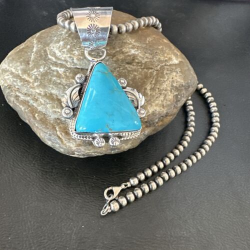 Navajo Sterling Silver Blue Kingman Turquoise Necklace Pendant | Men's Women's | 17478