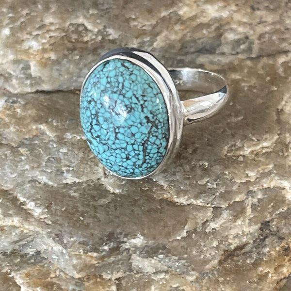 Navajo Spiderweb Blue Turquoise Ring | Sterling Silver | Sz 6.5 | Authentic Native American Handmade | 11438